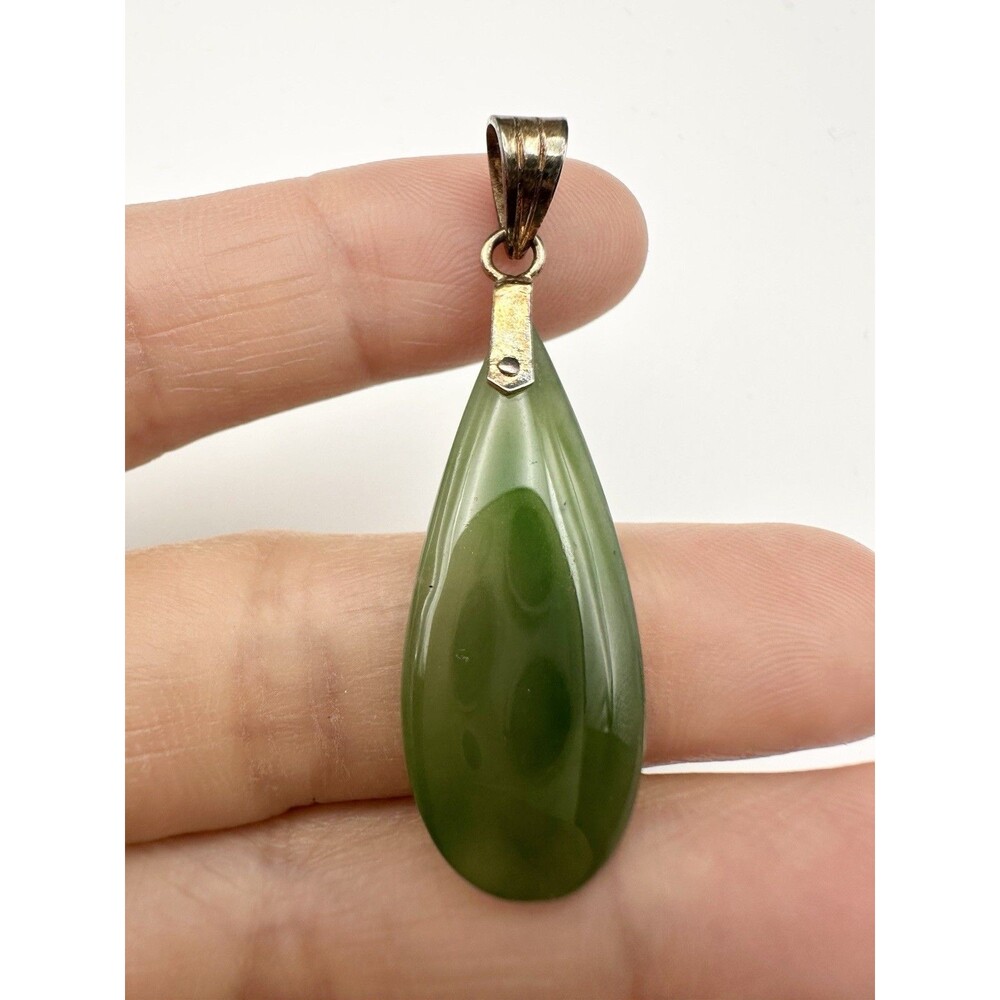 Vintage Nephrite Jade Tear Drop Pendant Gold Over Silver